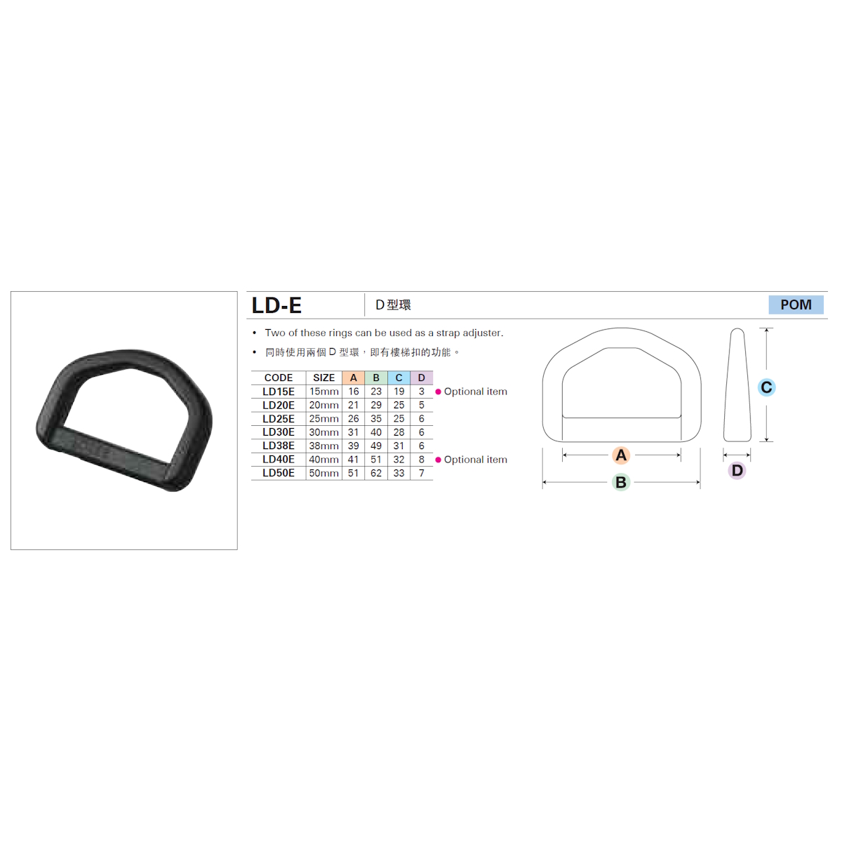 YKK D-Ring Kunststoff, schwarz, Gurtbreite 25mm, je Paket, 100 Stück, YKK LD-E / LD25E, Halter