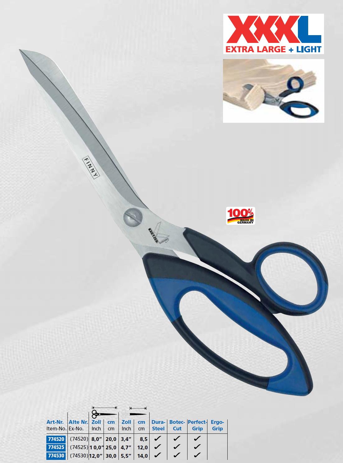Kretzer Finny 8 Zoll Zuschneideschere, Länge 20 cm, starke Ausführung, blau-schwarzer Griff
